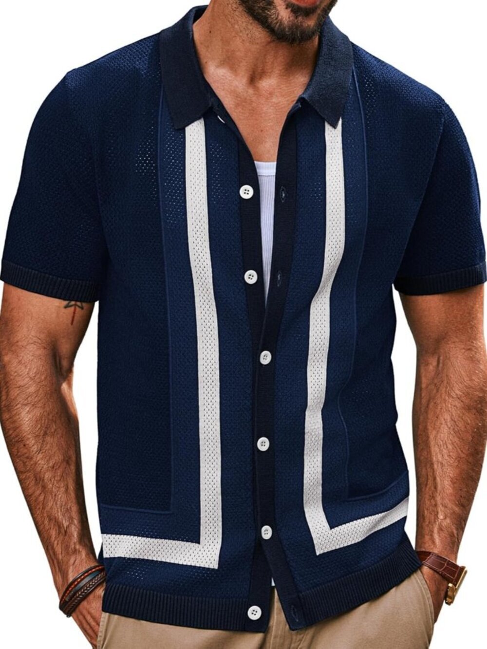 Men's Dark Blue-Vintage Striped Knit Button-Down Beach Short Sleeve Shirt